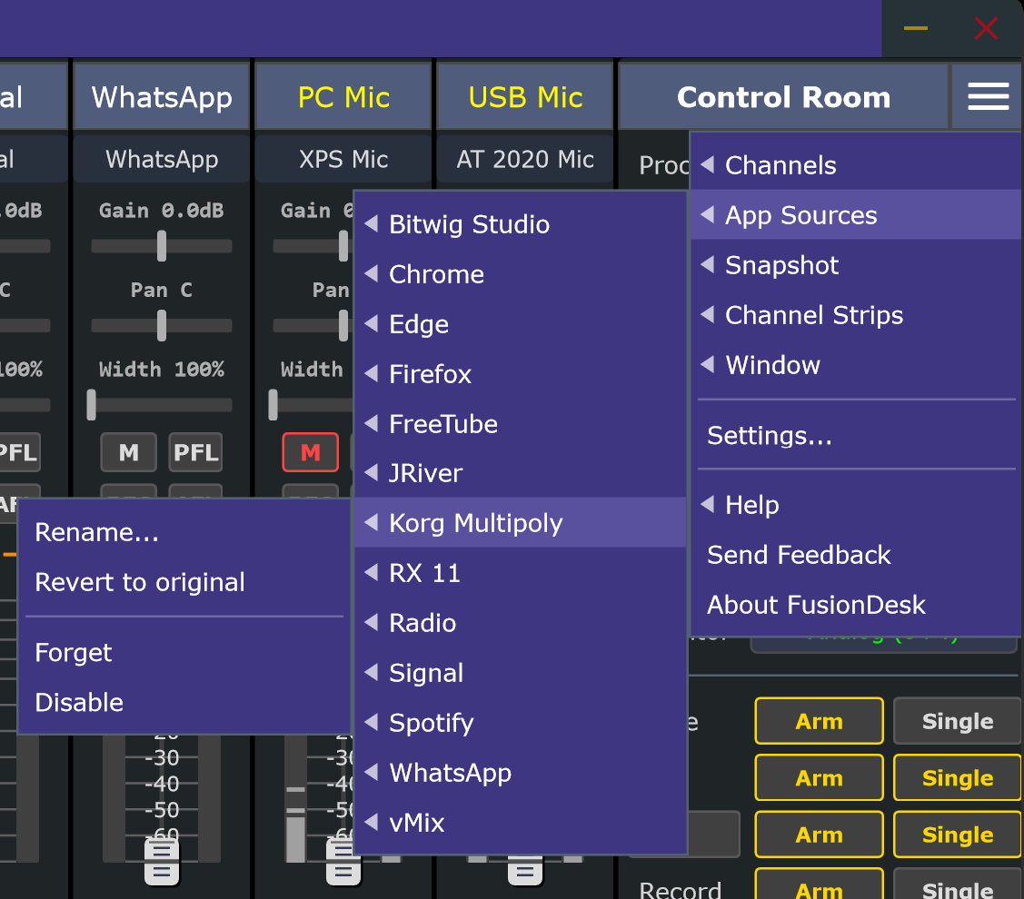 FusionDesk App Sources menu showing captured applications including Bitwig Studio, Chrome, Firefox, Spotify, WhatsApp, and vMix.