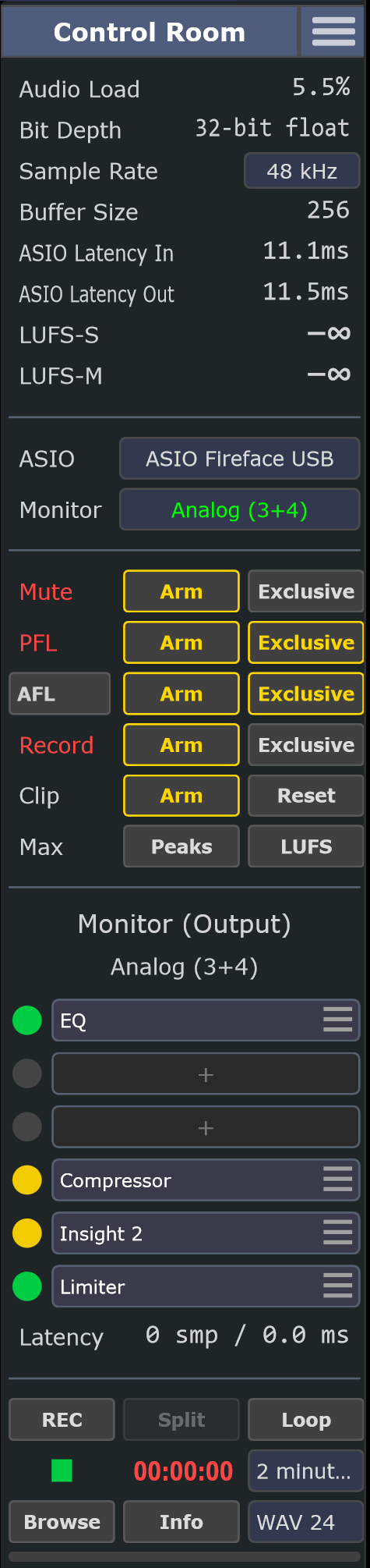 FusionDesk Control Room panel showing Audio Load, bit depth, sample rate and buffer, ASIO latency, LUFS metering, device and monitor selectors, Mute/PFL/AFL/Record arm rows, the monitor processing chain, and recording transport.