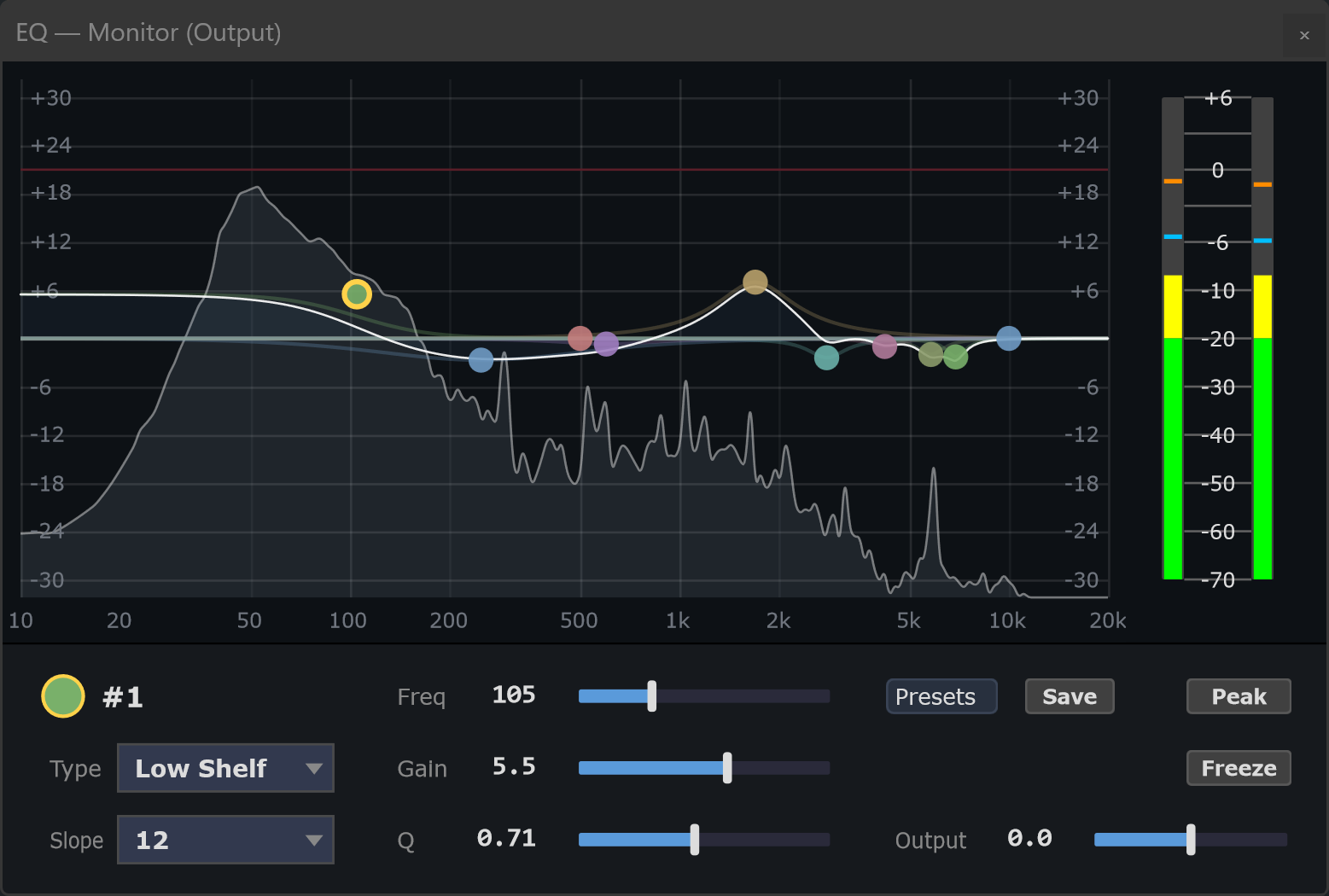 FusionDesk parametric EQ showing an interactive response curve with multiple coloured band points, a live spectrum analyser behind it, and output meters.
