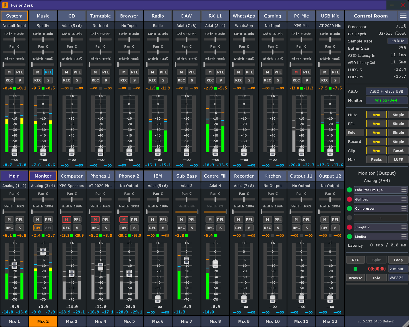 FusionDesk mixer interface showing input strips, output strips, meters, VST slots, mix buttons, and the Control Room panel.