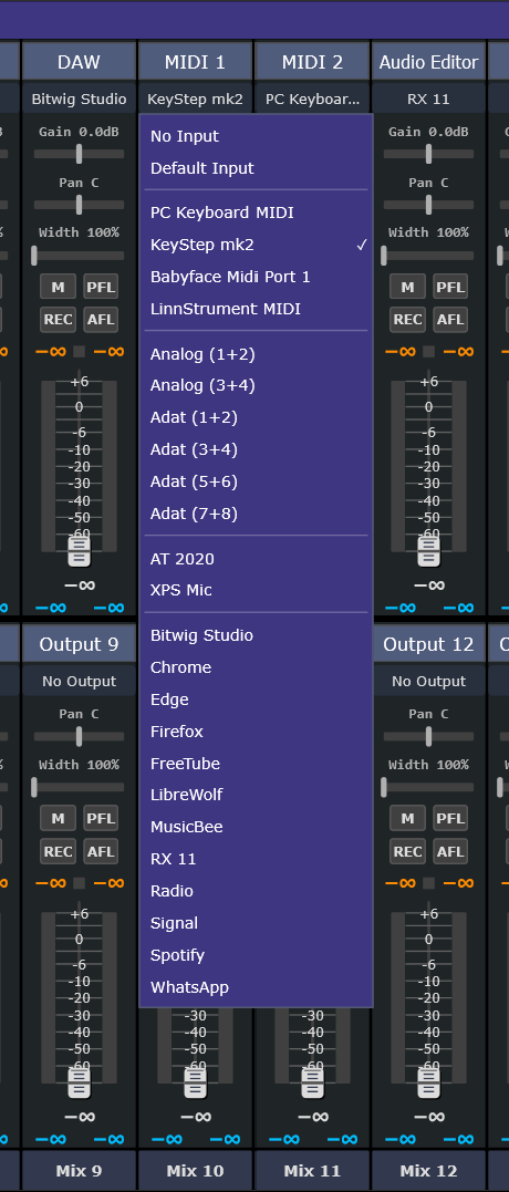 A FusionDesk channel's input menu open, showing a MIDI Inputs section - PC Keyboard MIDI plus connected controllers such as a KeyStep and a LinnStrument - listed above the audio devices.