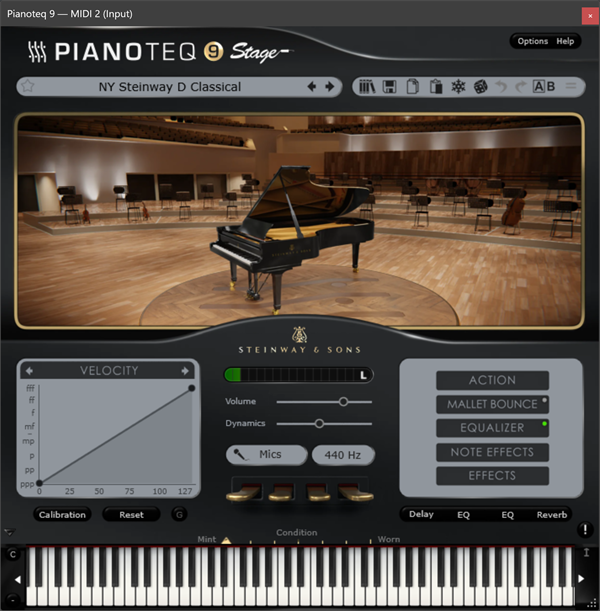 A software grand-piano instrument running inside FusionDesk - the window title reads MIDI 2 (Input), showing it is hosted on a FusionDesk channel and played from a MIDI input.