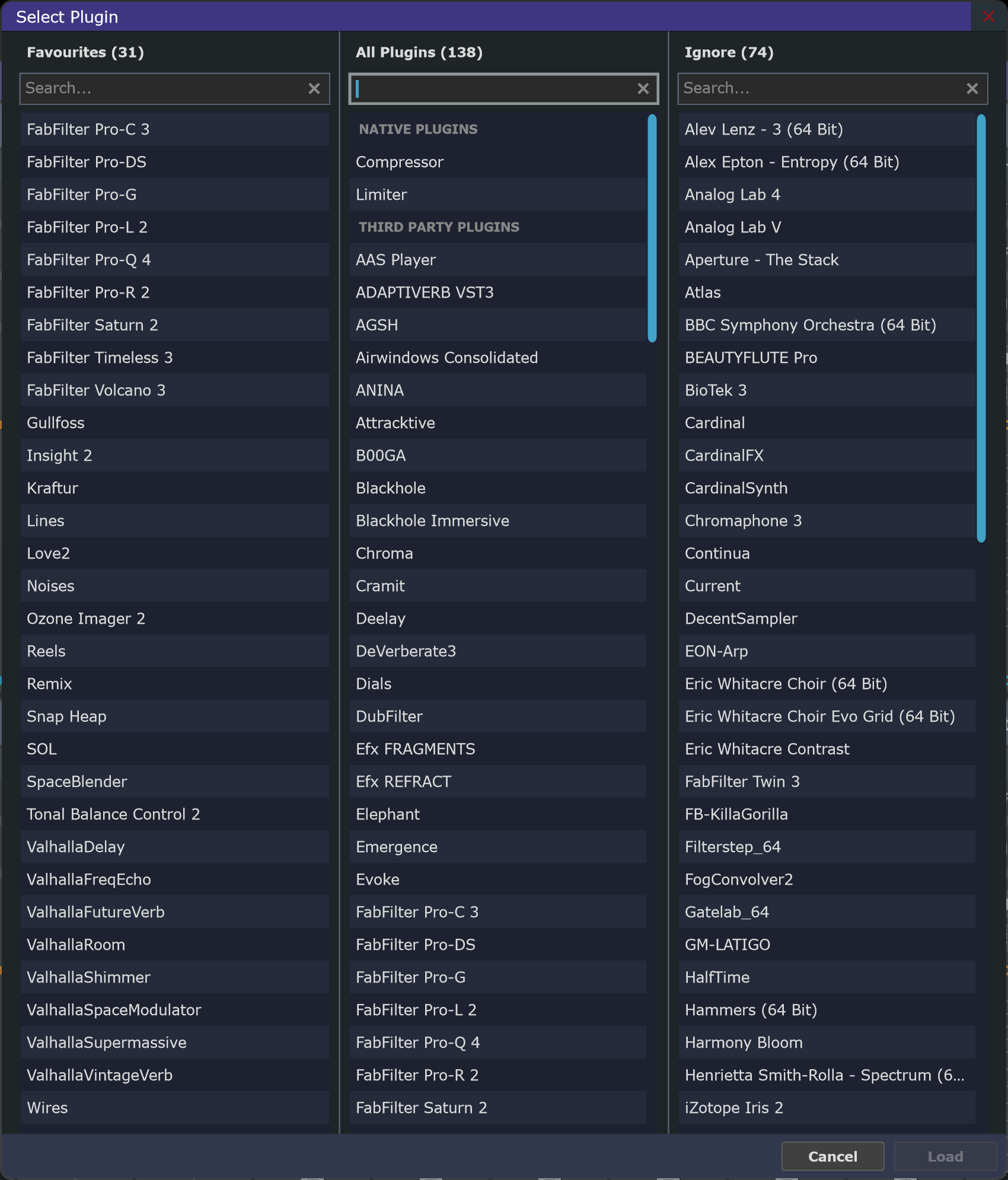 FusionDesk plugin browser showing favourites, native plugins, third-party plugins, and ignored plugins.