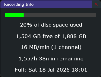 FusionDesk Recording Info window showing disk space used, free disk space, recording rate, time remaining, and estimated full date.